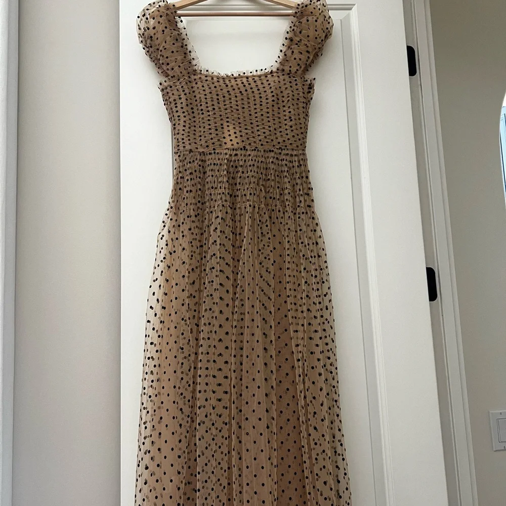 Doen Tan and Black Polka Dot Midi Dress - Picture 1 of 6